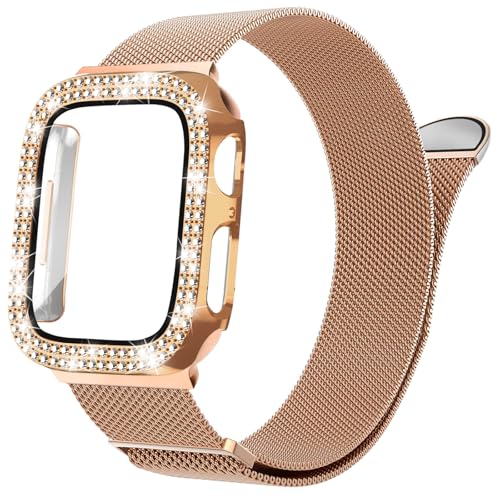 NewJourney Milanese Armband Kompatibel mit Apple Watch 40mm 41mm 42mm 44mm 45mm 46mm mit Hülle Frauen，Ersatz Metall Armband mit Bling PC Schutzhülle für iWatch SE Series 10/9/8/7/6/5/4(Roségold, 46mm) von NewJourney