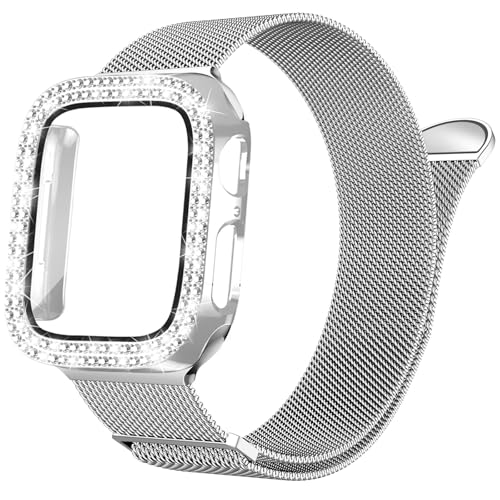NewJourney Milanese Armband Kompatibel mit Apple Watch 40mm 41mm 42mm 44mm 45mm 46mm mit Hülle Frauen,Ersatz Metall Armband mit Bling PC Schutzhülle für iWatch SE Series 10/9/8/7/6/5/4(Silber, 41mm) NewJourney Milanese Armband Kompatibel mit Apple Watch 40mm 41mm 42mm 44mm 45mm 46mm mit Hülle Frauen,Ersatz Metall Armband mit Bling PC Schutzhülle für iWatch SE Series 10/9/8/7/6/5/4(Silber, 41mm) von NewJourney