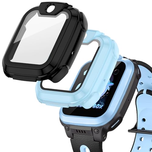 NewJourney 2 Stück Schutzhülle mit Panzerglas für Imoo Watch Phone Z1, Hartplastik-Hülle + Gehärtete Schutzfolie 2 in 1 für Z1 SmartWatch（Schwarz/Blau） von NewJourney