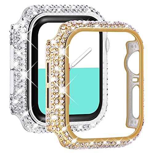 NewWays 2 Stück Bling Hüllen kompatibel für Apple Watch Hülle 38 mm 40 mm 42 mm 44 mm, voll Paved Diamanten Schutz Bumper für iWatch SE Serie 6 5 4 3 2 1 (42 mm, Gold + Transparent) von NewWays