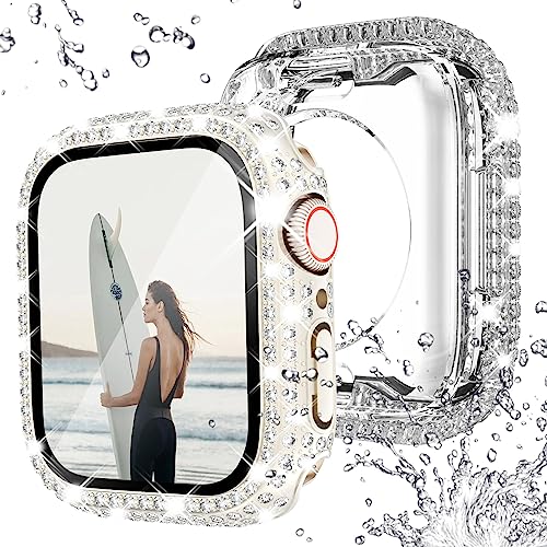 NewWays 2 Stück wasserdichte Bling Hülle für Apple Watch 45 mm Displayschutzfolie Serie 9 Serie 8 Serie 7, Frauen Glitzer Diamant Bumper Sparkly Face Cover für iWatch 45 mm (Starlight/Clear) von NewWays