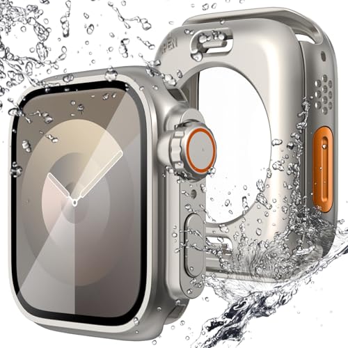 NewWays 2-in-1 wasserdichte Hülle [Ultra-Aussehen] für Apple Watch 45 mm Displayschutzfolie, 360 Schutzglas Gesichtsabdeckung Hard PC Bumper + Rückrahmen für iWatch Serie 6 5 4 SE 45 mm, Titan von NewWays