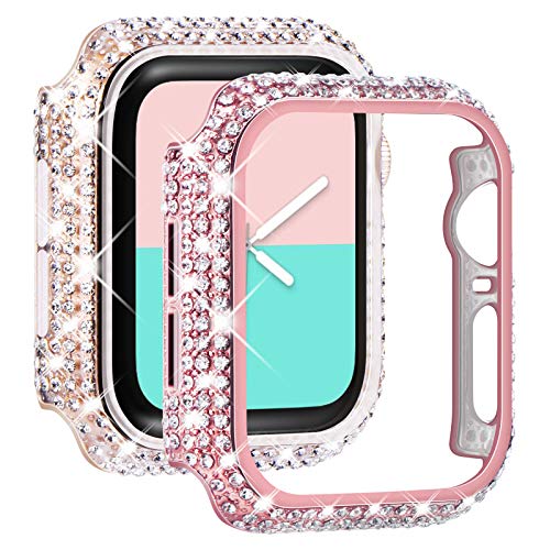 NewWays 2er-Pack Bling Hüllen kompatibel mit Apple Watch Hülle 40 mm, vollständig gepflasterte Diamanten, schützende Stoßstange für iWatch SE Serie 6 5 4 3 2 1 (40 mm, rosa + transparent) von NewWays