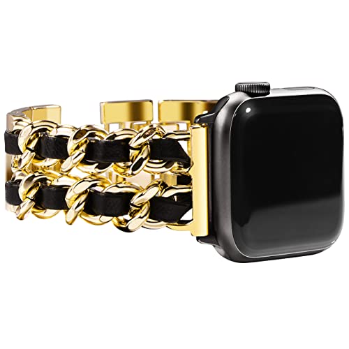 NewWays 42 mm, 44 mm, 45 mm, Damen-Metallarmband, kompatibel mit Apple Watch, Edelstahl-Armband für iWatch Serie 8/7/6/5/4/3/2/1/SE (2022/2020), goldene Verbindung mit schwarzem Leder von NewWays