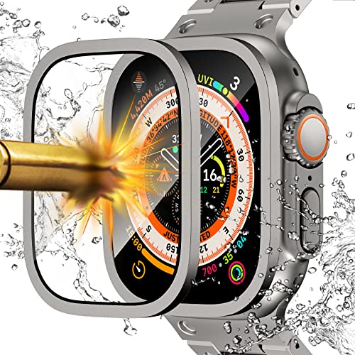 NewWays Displayschutz Kompatibel für Apple Watch Ultra 2/Ultra 49mm,Ultradünner Titanlegierungsrahmen Wasserdicht Gehäuse Eingebauter gehärteter Glasfilm,Leichter hülle für iWatch,Titan von NewWays