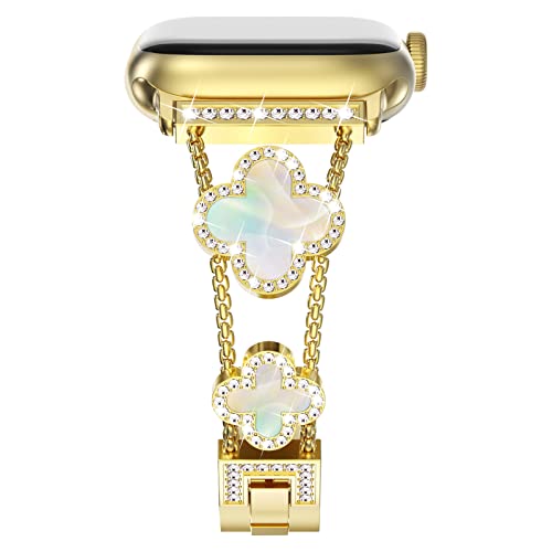 NewWays Bling Metall Armband Kompatibel für Apple Watch 38mm 40mm 41mm 42mm(Serie 10) Frauen,Diamant Edelstahl Ersatzarmbänder für iWatch Series 10/9/8/7/6/SE/5/4/3/2/1,Gold/Schillerndes Blatt von NewWays