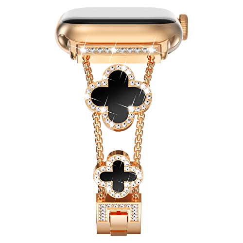 NewWays Bling Metall Armband Kompatibel für Apple Watch 38mm 40mm 41mm 42mm(Serie 10) Frauen,Diamant Edelstahl Ersatzarmbänder für iWatch Series 10/9/8/7/6/SE/5/4/3/2/1,Roségold/Schwarzes Blatt von NewWays