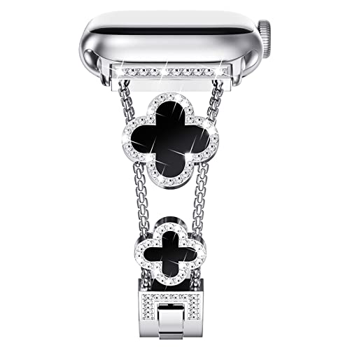 NewWays Bling Metall Armband Kompatibel für Apple Watch 38mm 40mm 41mm 42mm(Serie 10) Frauen,Diamant Edelstahl Ersatzarmbänder für iWatch Series 10/9/8/7/6/SE/5/4/3/2/1,Silber/Schwarzes Blatt von NewWays