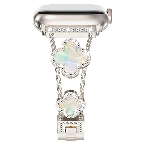 NewWays Bling Metall Armband Kompatibel für Apple Watch 46mm 45mm 44mm 42mm(Serie 1 2 3) Frauen,Diamant Edelstahl Ersatzarmbänder für iWatch Series 9/8/7/6/SE/5/4/3/2/1,Polarstern/Schillerndes Blatt von NewWays