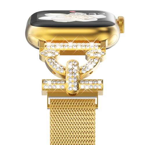 NewWays Milanese Armband Kompatibel mit Apple Watch 42mm 44mm 45mm für Damen,Diamant Edelstahl Magnetic Gliederarmband Ersatzarmband für Apple Watch SE/Series 9/8/7/6/5/4/3/2/1,Gold von NewWays