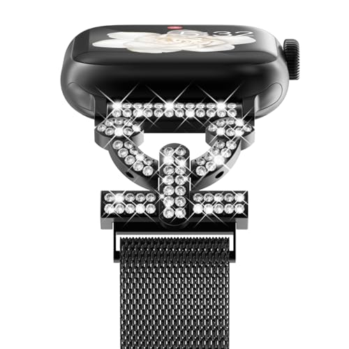 NewWays Milanese Armband Kompatibel mit Apple Watch 42mm 44mm 45mm für Damen,Diamant Edelstahl Magnetic Gliederarmband Ersatzarmband für Apple Watch SE/Series 9/8/7/6/5/4/3/2/1,Schwarz von NewWays