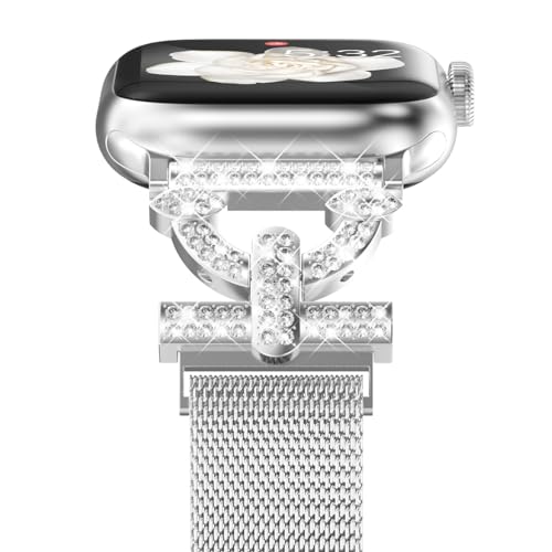 NewWays Milanese Armband Kompatibel mit Apple Watch 42mm 44mm 45mm für Damen,Diamant Edelstahl Magnetic Gliederarmband Ersatzarmband für Apple Watch SE/Series 9/8/7/6/5/4/3/2/1,Silber von NewWays