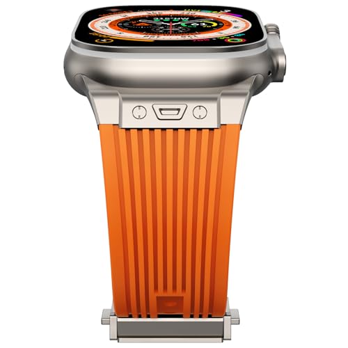 NewWays Silikon Armband kompatibel mit Apple Watch 49mm 46mm 45mm 44mm 42mm(Serie 3 2 1),Sports Ersatzarmband für iWatch Ultra 2/Ultra Series 10 9 8 7 6 5 4 3 2 1 SE Herren Damen,Orange/Titan Stecker von NewWays