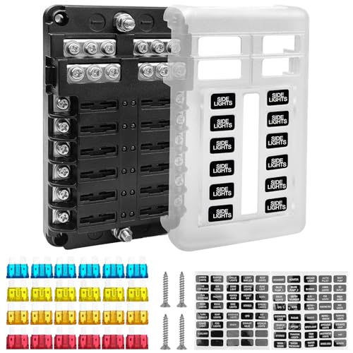 Newaner Kfz Sicherungen, Sicherungshalter 12 Fach, Sicherungskasten, Autosicherungen, Autosicherung Sicherung mit LED-Anzeige + Wasserfest Schutzhülle für PKW/Wohnmobil/LKW/Motorrad (5A 10A 15A 20A) von Newaner