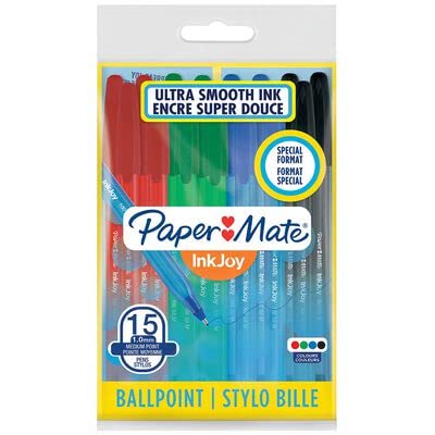 Papermate Inkjoy Kugelschreiber, Multipack, mittlere Spitze (1,0 mm), verschiedene Tinte, Schwarz, Blau, Rot, Grün, 15 Stück von Newell Brands