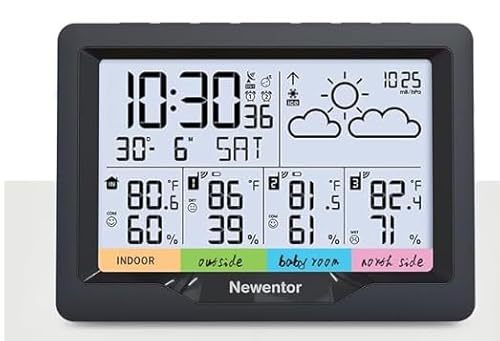 Newentor Funk-Wetterstation mit DCF Empfang - 3 externe Sensoren, Wetterprognose, digitale Uhr & Alarm - Schwarz von Newentor