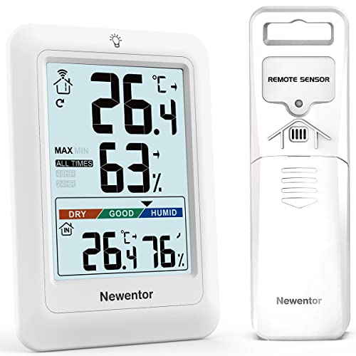 Newentor MAX MIN Thermometer innen außen 24/48 Std./alle Zeiten - Hygrometer Luftfeuchtigkeitsmesser mit Luftkomfort - Wetterstation Funk mit Außensensor - Raumthermometer innen mit Beleuchtung, Weiß von Newentor