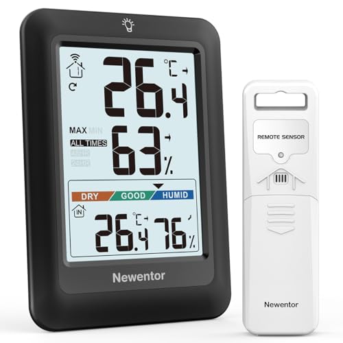 Newentor MAX MIN Thermometer innen außen 24/48 Std./alle Zeiten - Hygrometer Luftfeuchtigkeitsmesser mit Luftkomfort - Wetterstation Funk mit Außensensor - Raumthermometer mit Beleuchtung, Schwarz von Newentor