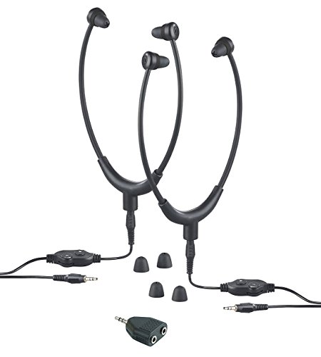 Newgen Medicals Kopfhörer Kabel: 2 TV-Kinnbügel-Kopfhörer, Stereo-Verteiler, 3,5-mm-Klinke, bis 117 dB (2 gleichzeitig TV, mit Kabelfernsteuerung, Verlängerungskabel) von Newgen Medicals