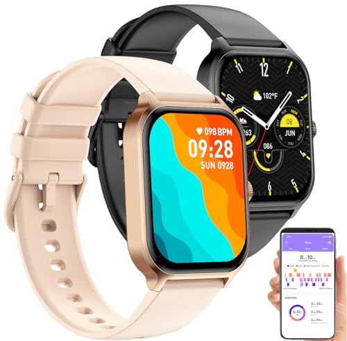 newgen medicals Smartwatch Damen iOS: 2er-Set Smartwatch Fitnessuhr m. Tel.-FSP. schwarz/schwarz + Gold/Rose (Smartwatch Damen Telefonfunktion, Fitnessuhr Herren Blutdruck, Smart) von Newgen Medicals