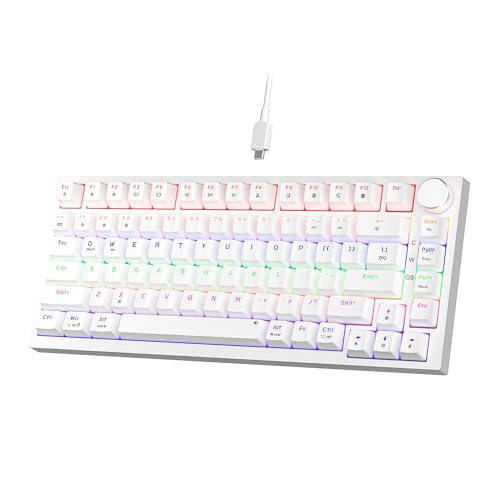 NEWMEN GM326 Mechanische Tastatur mit Kabel,Gaming Tastatur 75 Prozent,TKL Hot Swap Kompakte LED Beleuchtung USB C Mini Mechanische Tastaturen mit Knopf,für PC/Win/Mac,QWERTY Layout,Weiß,Rote Schalter von Newmen