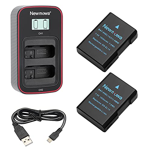 Newmowa EN-EL14 Ersatzakku (2er-Pack) und Smart LCD Display Dual USB-Ladegerät für Nikon EN-EL14,EN-EL14A und Nikon P7000,P7100,P7700,P7800,DF,D3100,D3200,D3300,D3500,D5100,D5200,D5300,D5500 von Newmowa