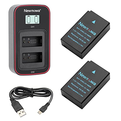 Newmowa EN-EL20 Ersatzakku (2er-Pack) und Smart LCD Display Dual USB-Ladegerät für Nikon EN-EL20,EN-EL20a,Nikon 1 J1,1 J2,1 J3,1 S1,1 V3,Coolpix A,P1000 und Blackmagic Pocket Kinokamera von Newmowa