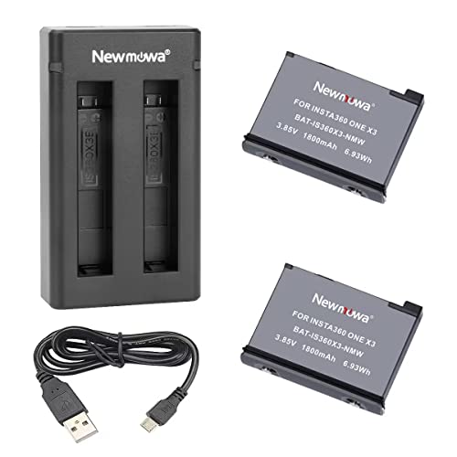 Newmowa Ersatz Akku (2er Pack) und Tragbar Micro USB Dual Ladegerät Kit für Insta 360 ONE X3 von Newmowa