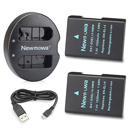 Newmowa Ersatz Akku EN-EL14 (2er Pack) und tragbar Micro USB Ladegerät Kit für Nikon EN-EL14 EN-EL14a Nikon D3100 D3200 D3300 D3400 D3500 D5100 D5200 D5300 D5500 D5600 P7000 P7100 P7700 P7800 Df von Newmowa