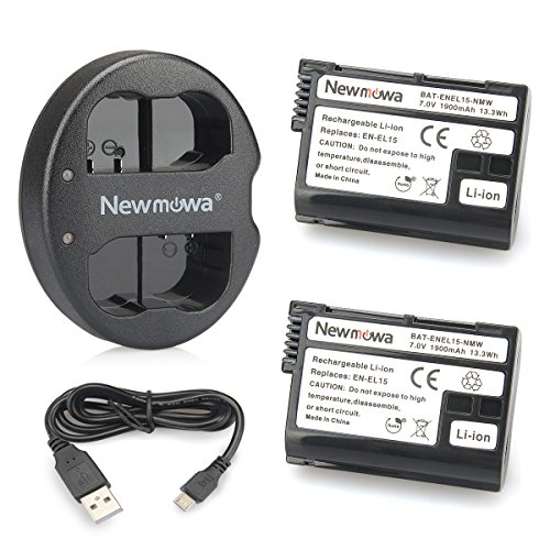 Newmowa Ersatz Akku EN-EL15 (2er Pack) und Tragbar Micro USB Ladegerät Kit für Nikon EN-EL15 und Nikon 1 V1, D600, D610, D800, D800E, D810, D7000, D7100, D7200 von Newmowa