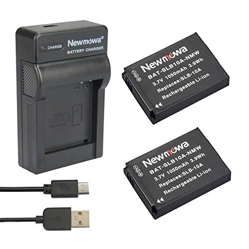 Newmowa Ersatz SLB-10A Batterie (2er Pack) und tragbar Micro USB Ladegerät Kit für Samsung SLB-10A, JVC BN-VH105 and Samsung ES50, ES55, ES60, EX2F, HMX-U10, HMX-U20, HZ10W von Newmowa