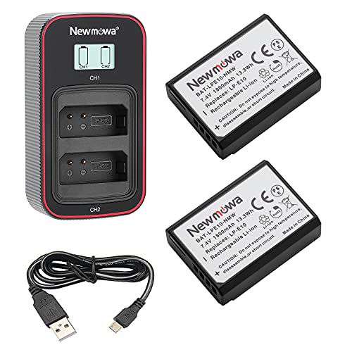 Newmowa LP-E10 Ersatzakku (2er-Pack) und Smart LCD Display Dual USB-Ladegerät für Canon LP-E10 und Canon EOS Rebel T3, T5, T6, T7, 1100D, 1200D, 2000D, 4000D, Kiss X50, Kiss X70 Digitalkamera von Newmowa