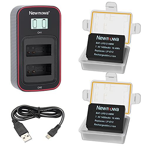 Newmowa LP-E12 Ersatzakku (2er-Pack) und Smart LCD Display Dual USB-Ladegerät für Canon LP-E12 und Canon EOS M,M2,EOS M10,EOS M50,EOS M100,EOS M200,EOS Rebel SL1,EOS 100D,PowerShot SX70 HS von Newmowa