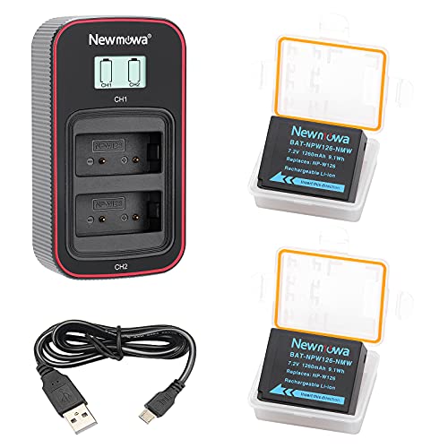 Newmowa NP-W126 Ersatzakku (2er-Pack) und Smart LCD Display Dual USB-Ladegerät für Fujifilm NP-W126 NP-W126S und FinePix X100F X-A1 X-A2 X-E1 X-E2 X-M1 X-Pro1 X-Pro2 X-T1 X-T2 X-T10 X-T20 X-T100 von Newmowa