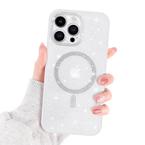 Newseego Glitter iPhone 14 Pro Max Hülle für Mädchen Frauen [Kompatibel mit MagSafe], Transparente Niedliche Magnetische Handyhülle Slim Stoßfeste Kameraschutzhülle für iPhone 14 Pro Max-Weiß von Newseego