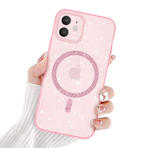 Newseego Glitzer iPhone 12 Hülle für Mädchen Frauen [Kompatibel mit MagSafe] Niedliche Magnetische Handyhülle iPhone 12 Transparent Ultra Slim Stoßfest Kameraschutz Bumper Cover für iPhone 12-Rosa von Newseego