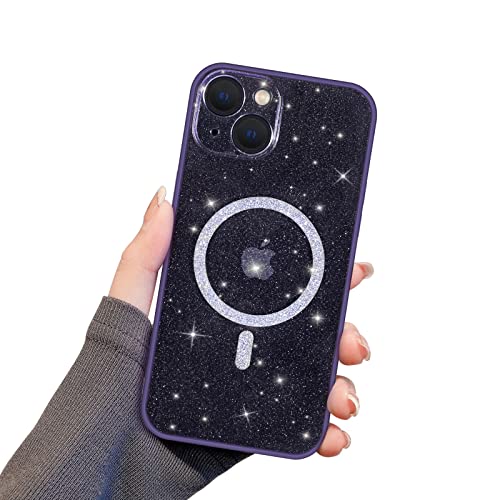Newseego Glitzer iPhone 13 Hülle für Mädchen Frauen [Kompatibel mit MagSafe] Niedliche Magnetische Handyhülle iPhone 13 Transparente Slim PC Stoßfester Kameraschutz Bumper Cover für iPhone 13-Lila von Newseego