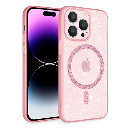 Newseego Glitzer iPhone 14 Pro Hülle für Mädchen Frauen [Kompatibel mit MagSafe] Niedlich Bling Stylische Magnetische Hülle Transparent Schlank Stoßfest Kamera Schutzhülle für iPhone 14 Pro-Rosa von Newseego