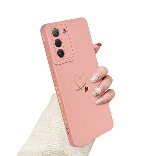 Newseego Handyhülle Kompatibel mit Samsung Galaxy S21 FE 5G Hülle für Frauen Mädchen, Gold Herz Muster Weich Flüssigsilikon Hülle Niedlich Herz Rand Kamera Schutzhülle für Samsung Galaxy S21 FE-Rosa von Newseego