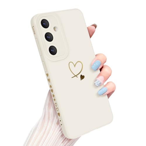 Newseego Handyhülle Samsung Galaxy S24 Plus Hülle für Frauen Mädchen, Gold Herz Muster Weich Flüssigsilikon S24+ Hülle Ultra Dünn Niedlich Herz Rand Kamera Schutzhülle für Samsung S24 Plus-Weiß von Newseego