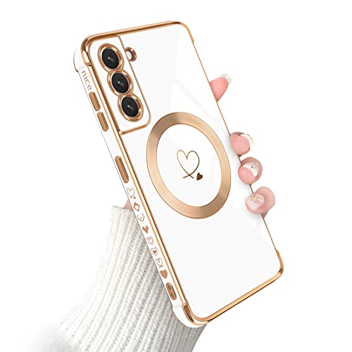 Newseego Handyhülle für Samsung Galaxy S21 Hülle für Frauen Mädchen [Kompatibel mit MagSafe] Niedliches Herzmuster Magnetische Hülle Plattiertem Rand Silikon Stoßfeste Schutzhülle Samsung S21–Weiß von Newseego
