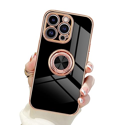Newseego Handyhülle für iPhone 14 Pro Hülle, Glänzende Weiche Silikon iPhone 14 Pro Hülle mit 360 Grad Ring Ständer Magnetische Autohalterung Stoßfeste Schutzhülle für iPhone 14 Pro-Schwarz von Newseego