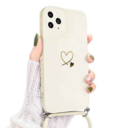 Newseego Handykette für iPhone 11 Pro, Süße Herz Muster Flüssigsilikon hülle Kompatibel mit iPhone 11 Pro für Frauen Mädchen Herz Seitenrahmen iPhone 11 Pro Hülle mit Umhängeband-Weiß von Newseego