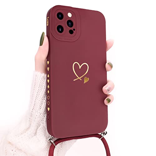 Newseego Handykette für iPhone 12 Pro Max, Süße Herz Muster Flüssigsilikon hülle Kompatibel mit iPhone 12 Pro Max für Frauen Mädchen Herz Seitenrahmen iPhone 12 Pro Max Hülle mit Umhängeband-Claret von Newseego