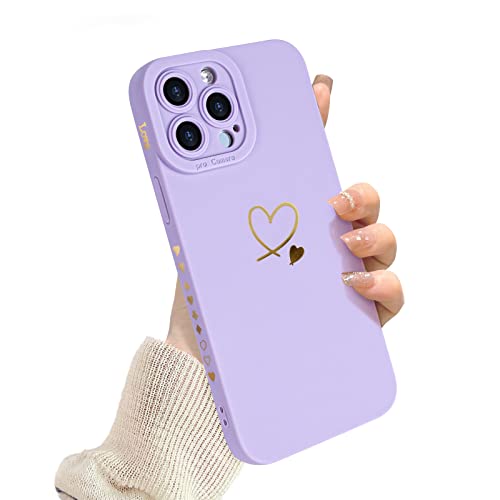 Newseego Hülle Kompatibel mit iPhone 14 Pro Max, Niedliches Goldenes Liebes-Herz-Muster-Design, Weiche Flüssige Silikonhülle mit Kleinen Herzen, Seitenrahmen, Schutzhülle für iPhone 14 Pro Max-Lila von Newseego