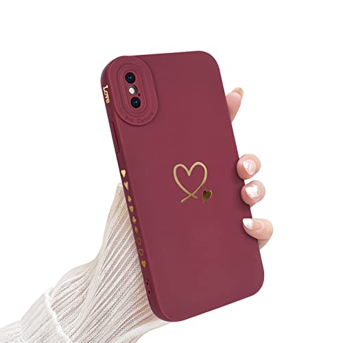 Newseego Hülle Kompatibel mit iPhone X/XS Stilvolles Gold Love-Herz Muster Design Weiches Flüssigsilikon iPhone X/XS Hülle Niedliches Herz Seitenrahmen Stoßfeste Schutzhülle für iPhone X/XS-Claret von Newseego