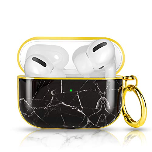 Newseego Kompatibel mit AirPods Pro Hülle, Ultradünne Marmor Stoßfeste Vollschutzhülle für Airpod Pro [LED-Licht sichtbar] Airpod Pro Hülle Ohrstöpsel Ohrhörer Ladehülle mit Schlüsselanhänger-Schwarz1 von Newseego