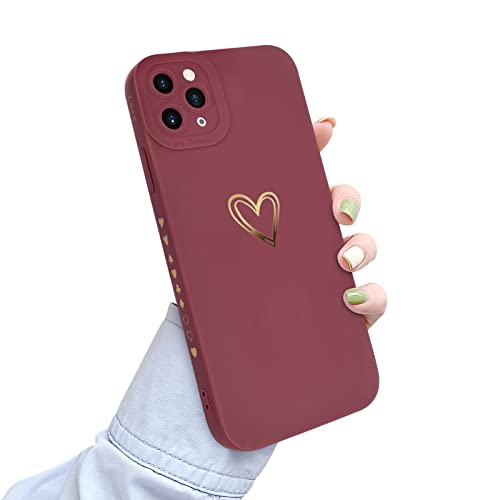 Newseego Kompatibel mit iPhone 11 Pro Max,Hülle,Frauen Mädchen Niedliche Gold Liebesherz Muster Weiche Flüssigsilikon Kleinen Herzen auf der Seite Stoßfeste Schutzhülle für iPhone 11 Pro Max-Claret von Newseego