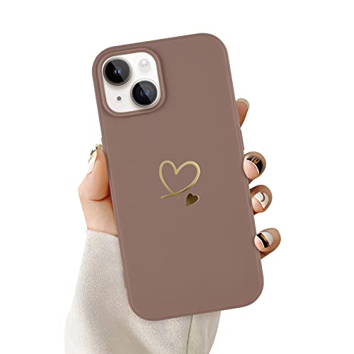 Newseego Kompatibel mit iPhone 14 Hülle, Süßes Gold Love-Herz Muster Design iPhone 14 Handyhülle für Mädchen Frauen Dünnes Flüssigsilikon Stoßfest Anti Fingerabdruck Schutzhülle für iPhone 14-Kaffee von Newseego