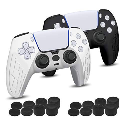 Newseego PS5-Controller-Hülle [2er-Pack], Weiche, rutschfeste Silikon-Hautschutzhülle mit 16 STK. Daumengriffe Aufsätze Gamepad-Spielzubehör für Playstation 5 DualSense-Controller,Schwarz + Weiß von Newseego